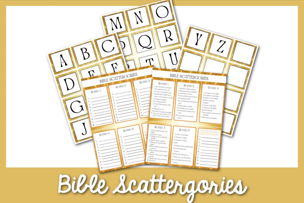 feature image: bible scattergories card printable with gold border