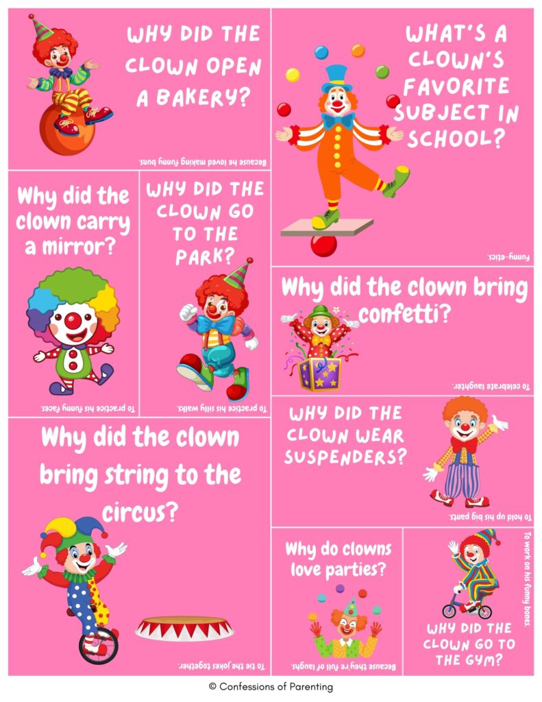 Pink collage of cartoon clowns with clown jokes about school, circuses, parties, and silly clown-themed puns.