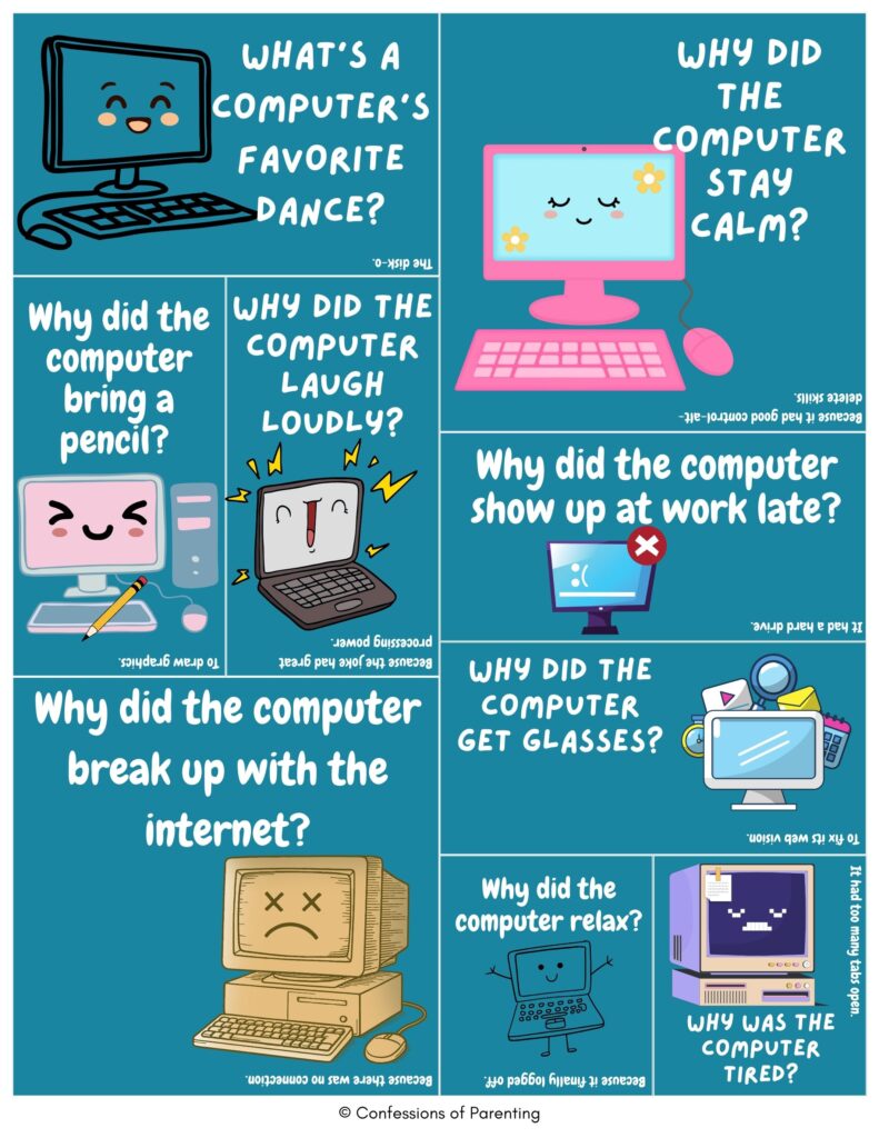 Blue collage of cartoon computers with funny computer jokes for kids about dancing, working late, breaking up with the internet, and silly tech humor.