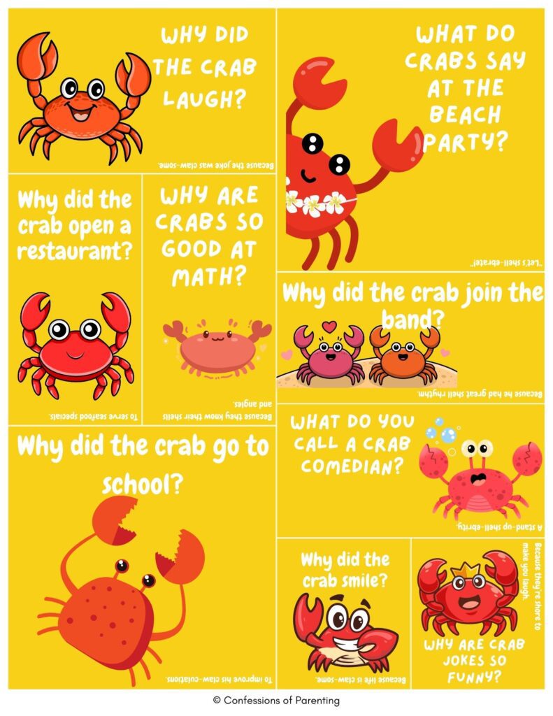 Yellow collage of cute cartoon crabs with crab jokes about school, math, bands, restaurants, and beach puns.
