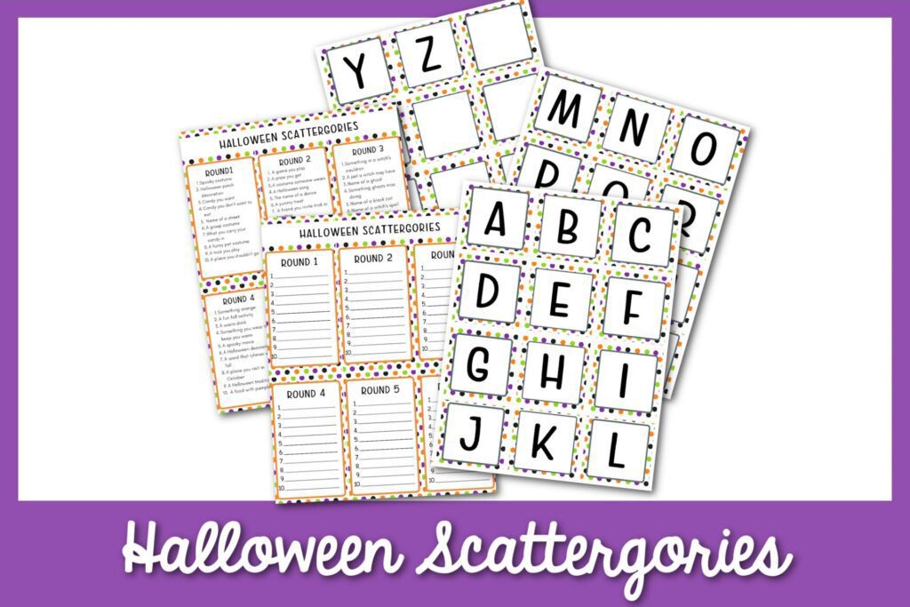 feature image: halloween scattergories card printable with purple border