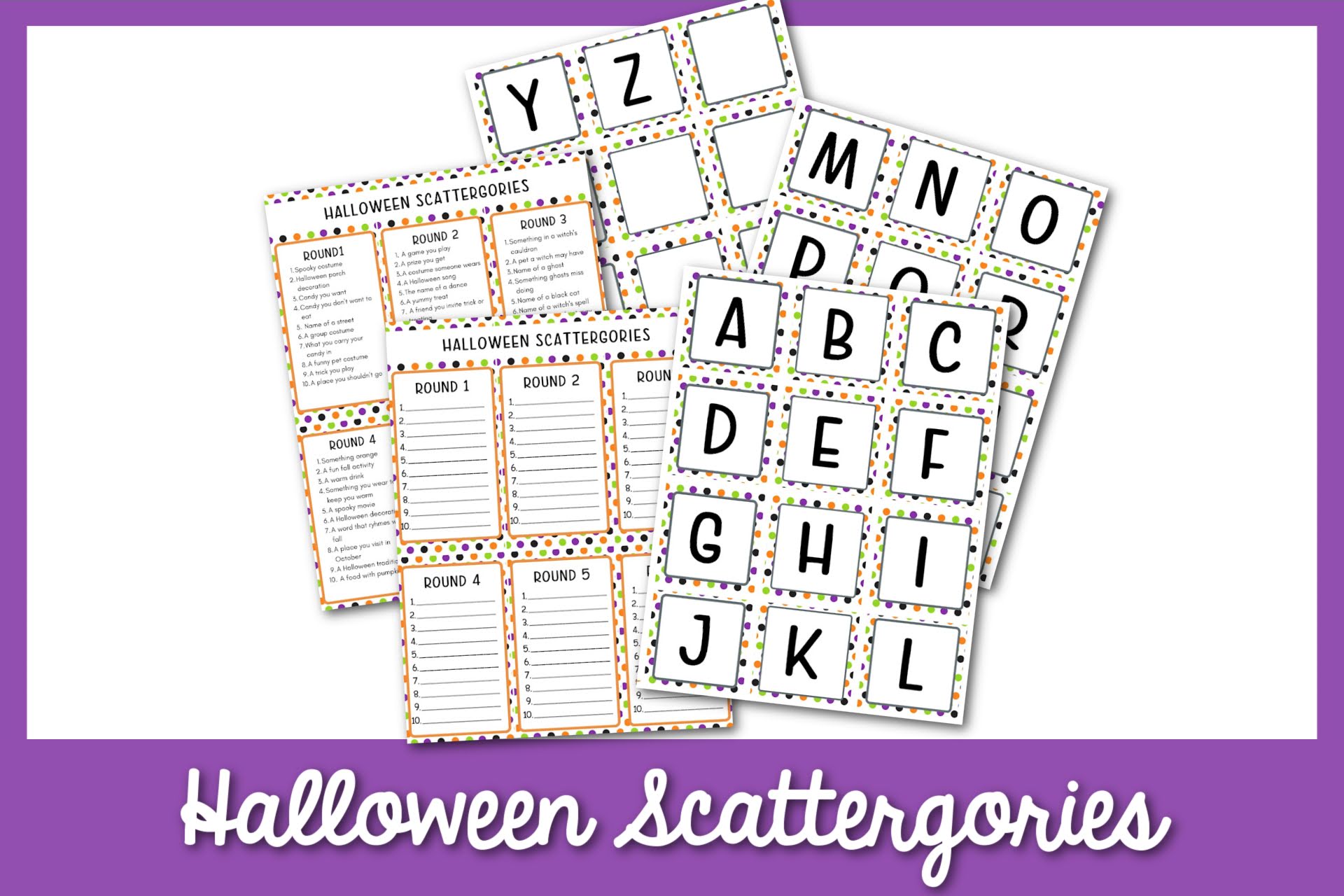 feature image: halloween scattergories card printable with purple border