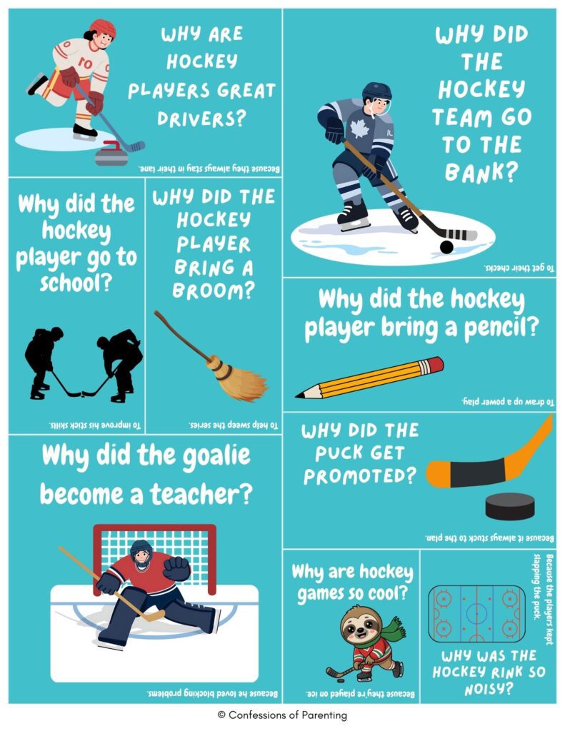 Blue collage of cartoon hockey players, sticks, and pucks with hockey jokes about school, banks, goalies, and cool ice rink puns.