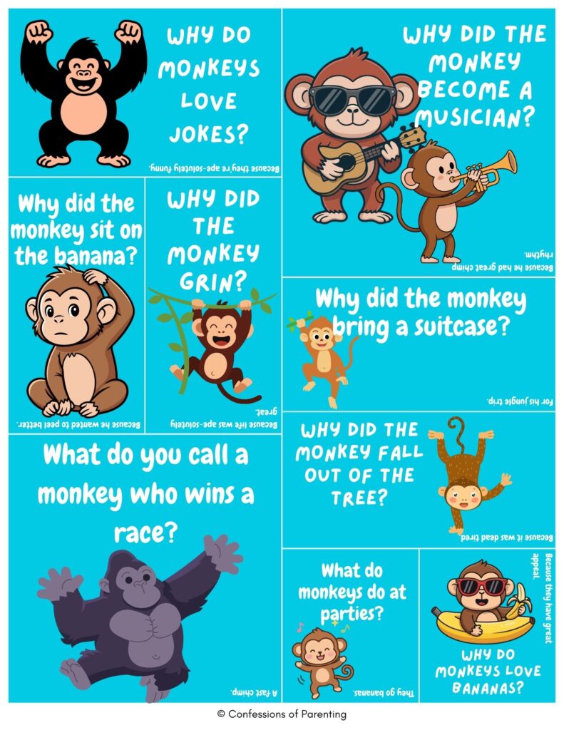 Blue collage of cartoon monkeys with monkey jokes about bananas, music, trees, parties, and silly monkey puns.