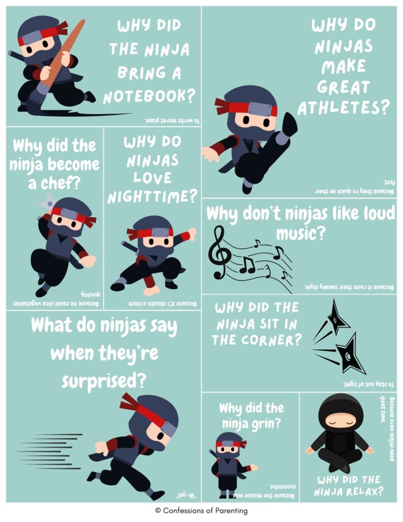Teal collage of cartoon ninjas with ninja jokes about stealth, nighttime, music, and ninja-themed puns.