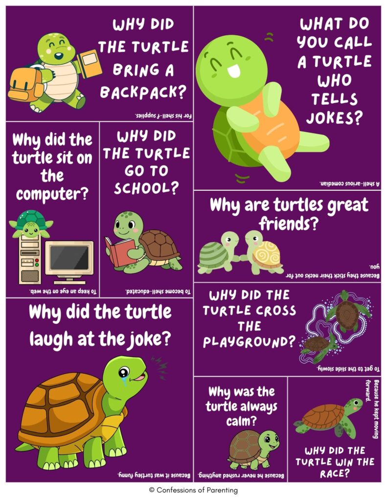 Purple collage of cartoon turtles with turtle jokes about school, computers, friendship, and crossing the playground, featuring playful turtle-themed puns.