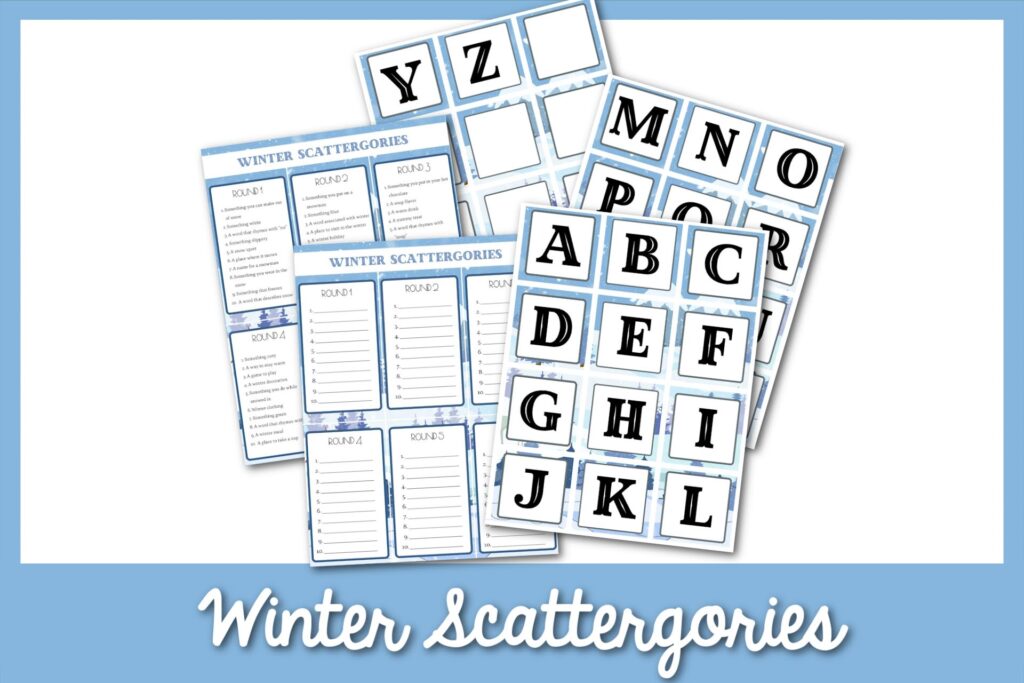 feature image: winter scattergories printable cards with bluie border