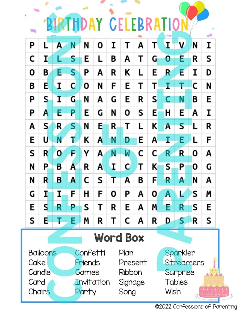 Sample of  birthday celebration word search with a watermark
