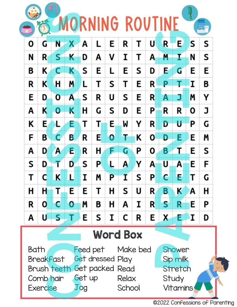 Sample of morning routine word search printable with a watermark