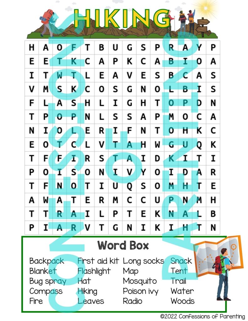 Sample of hiking word search with a watermark