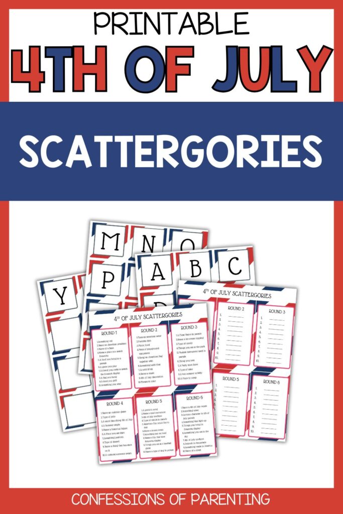Pinterest Pin: teal border with c4th of July Scattergories game PDF mockup with 4th of July Scattergories game printable
