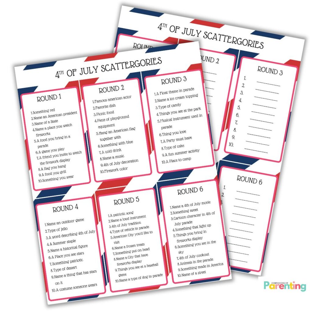 instagram square image of 4th of July Scattergories game
