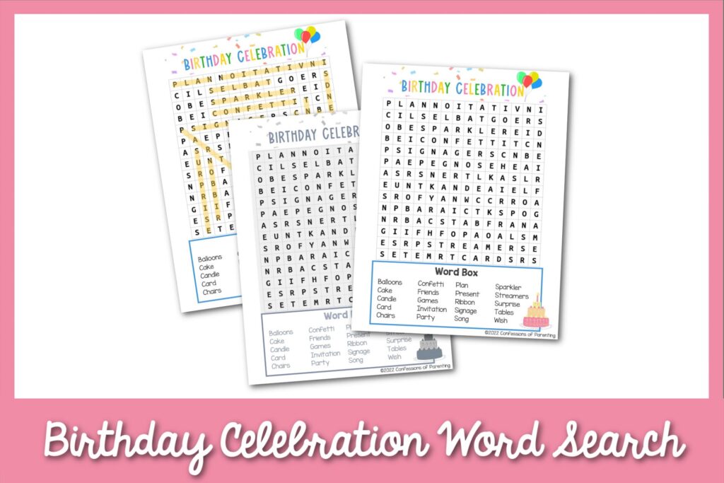 2 color, 1 black and white birthday celebration word search worksheets with pink border