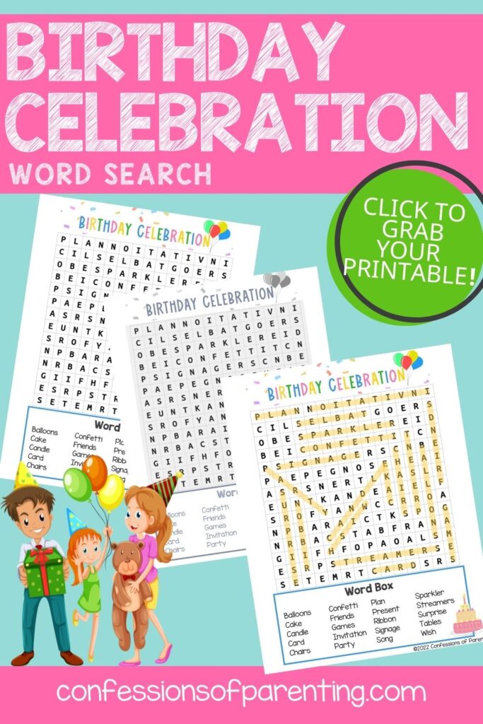 2 color, 1 black and white birthday celebration word search worksheets on a blue background