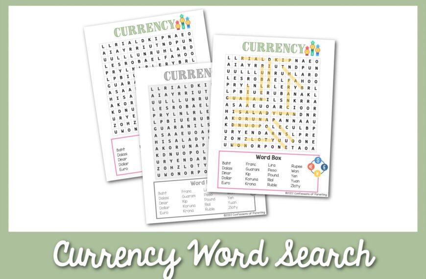 feature image: currency word search printable with green border