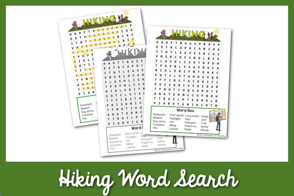 2 color 1 black and white hiking word search worksheets with green border