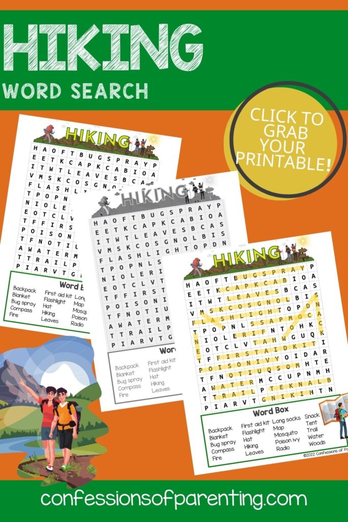 2 color, 1 black and white  hiking word search worksheets on an orange and green background