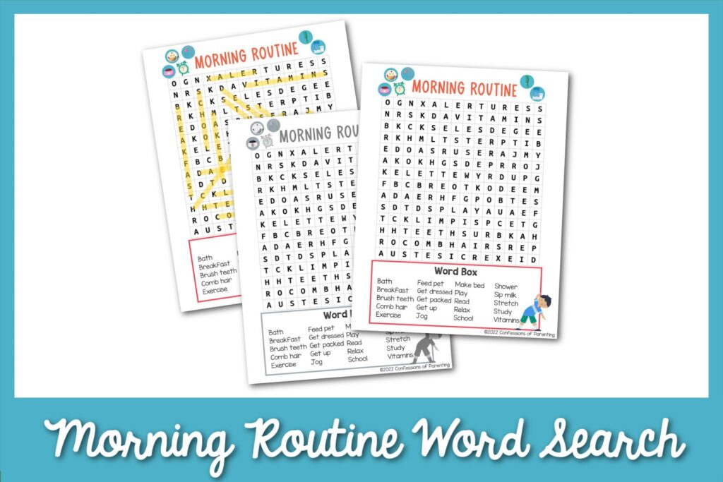 2 color, 1 black and whit morning routine word search printable with blue border