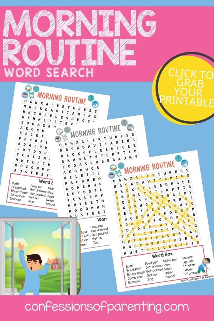 2 color, 1 black and white morning routine word search printable on a blue and pink background