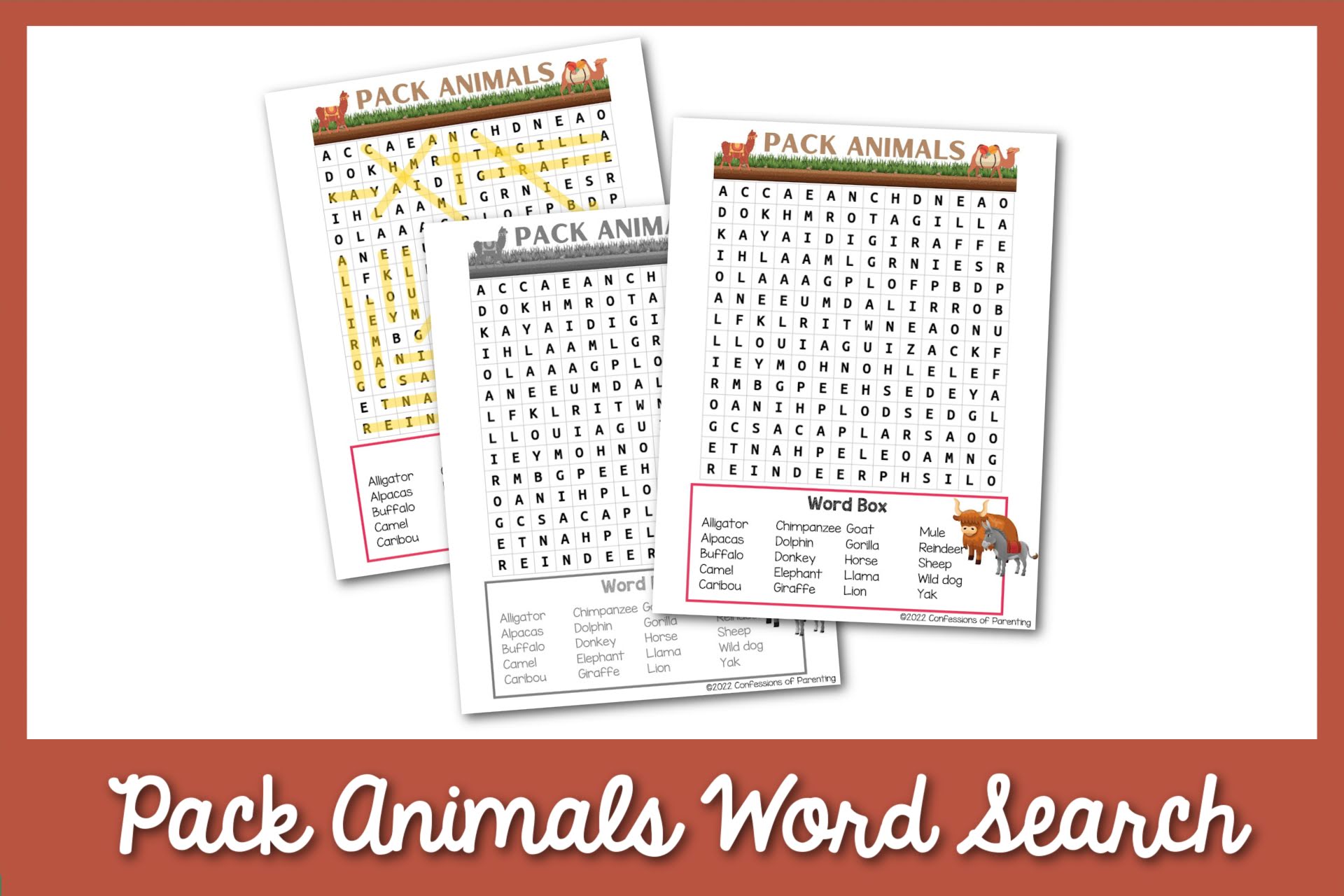 feature image: pack animals word search printable with brown background