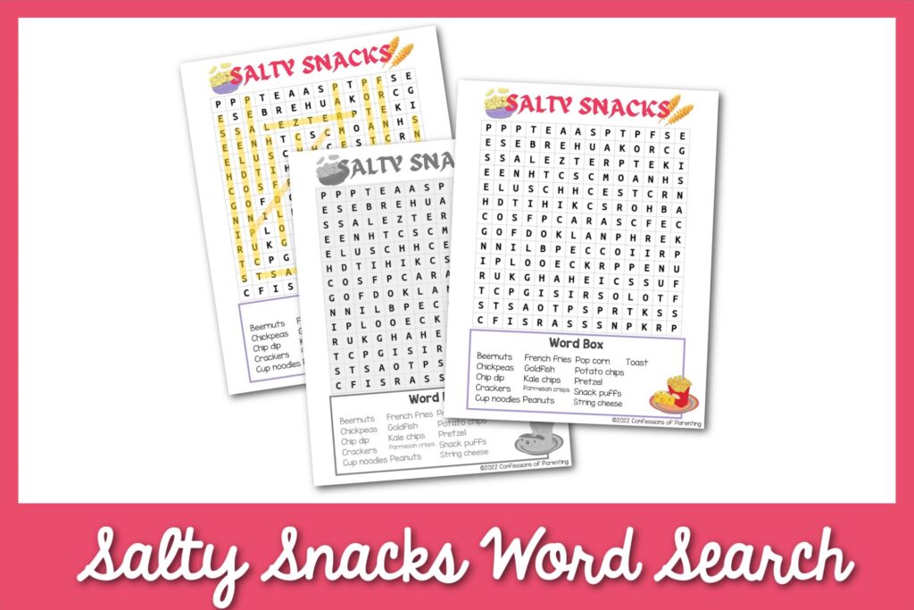 feature image: salty snacks word search printable with red border
