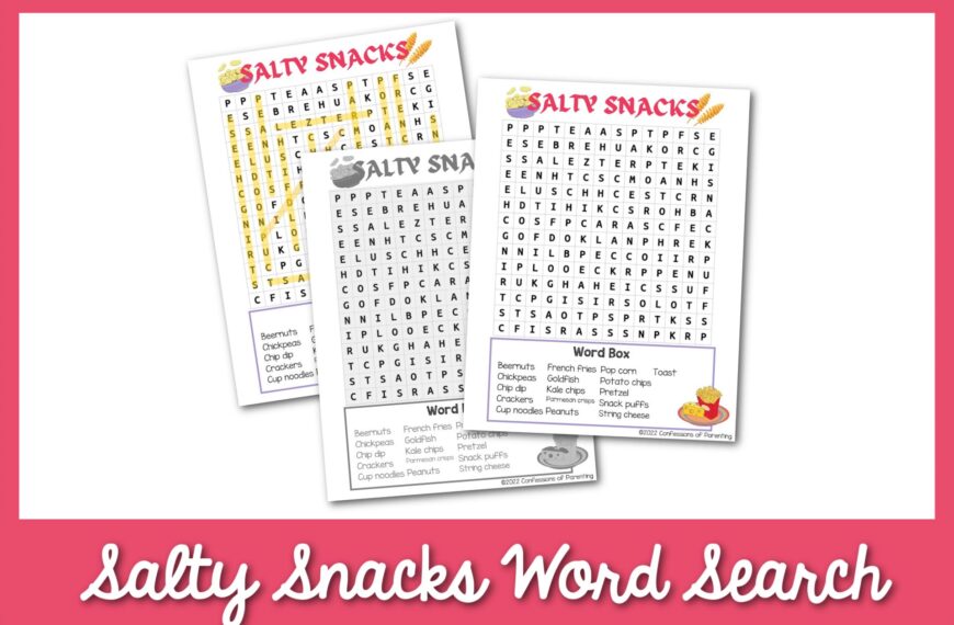 feature image: salty snacks word search printable with red border