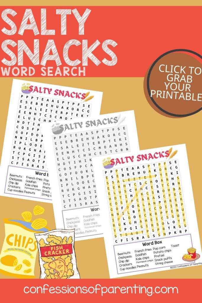 2 color, 1 black and white salty snacks word search printable on a tan and red background