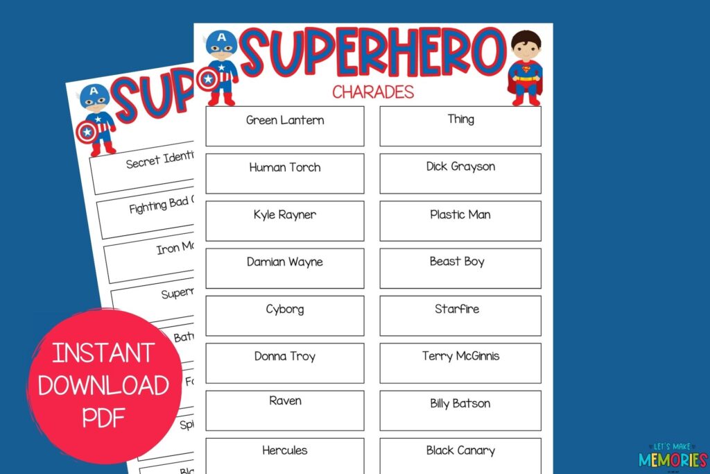 Sample superhero charades printable