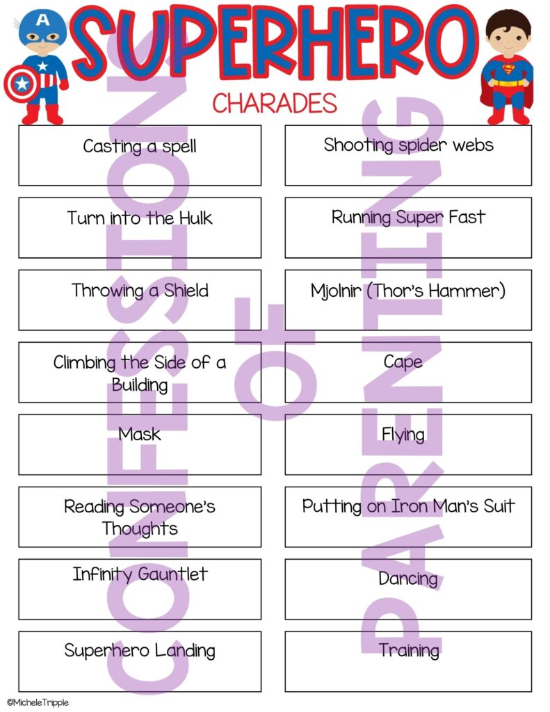 Sample superhero charades printable