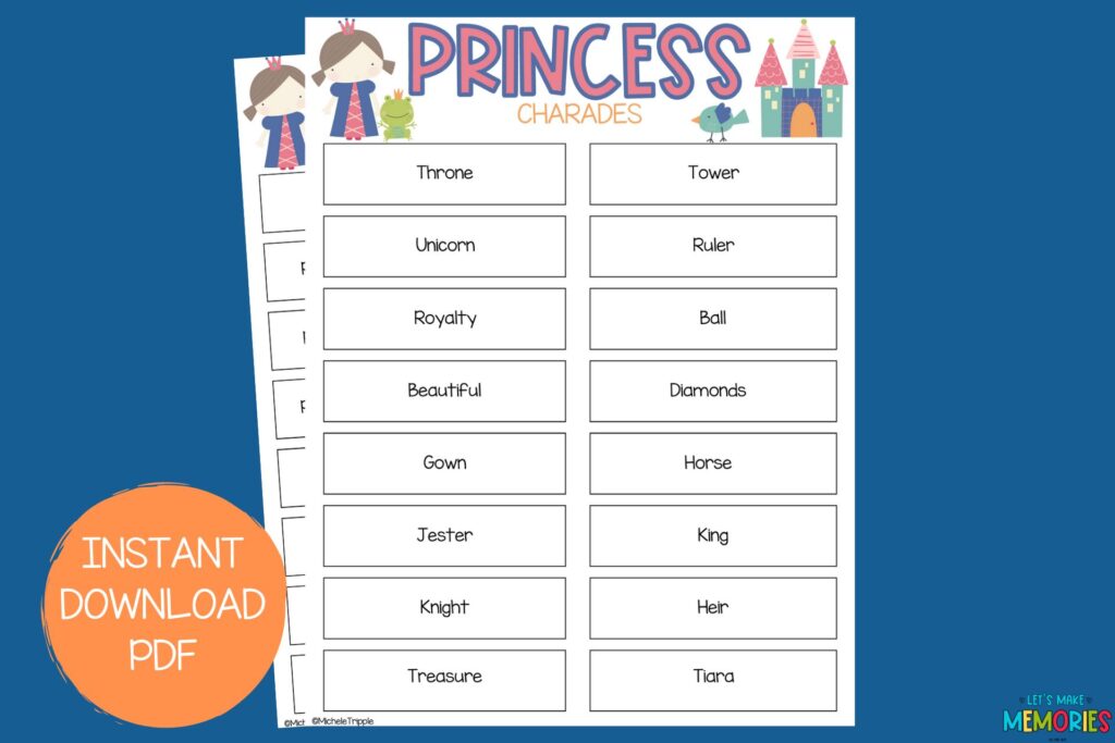 Princess charades printables example on blue background