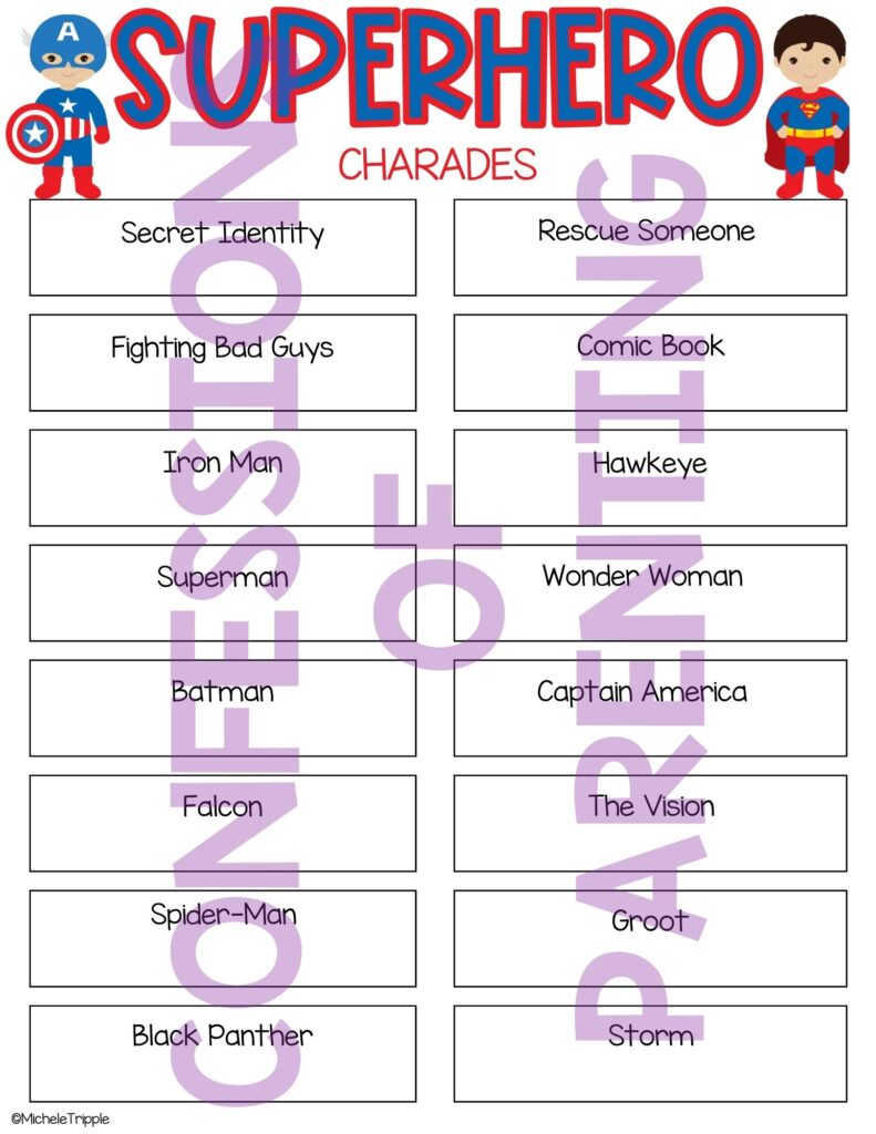 Sample superhero charades printable