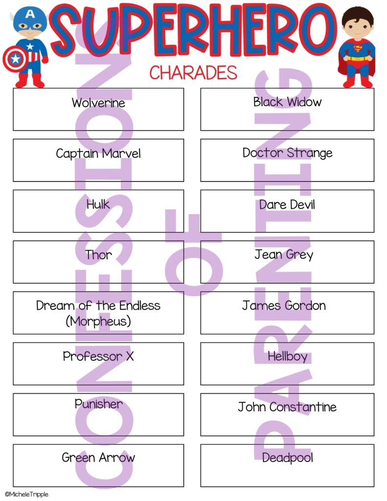 Sample superhero charades printable