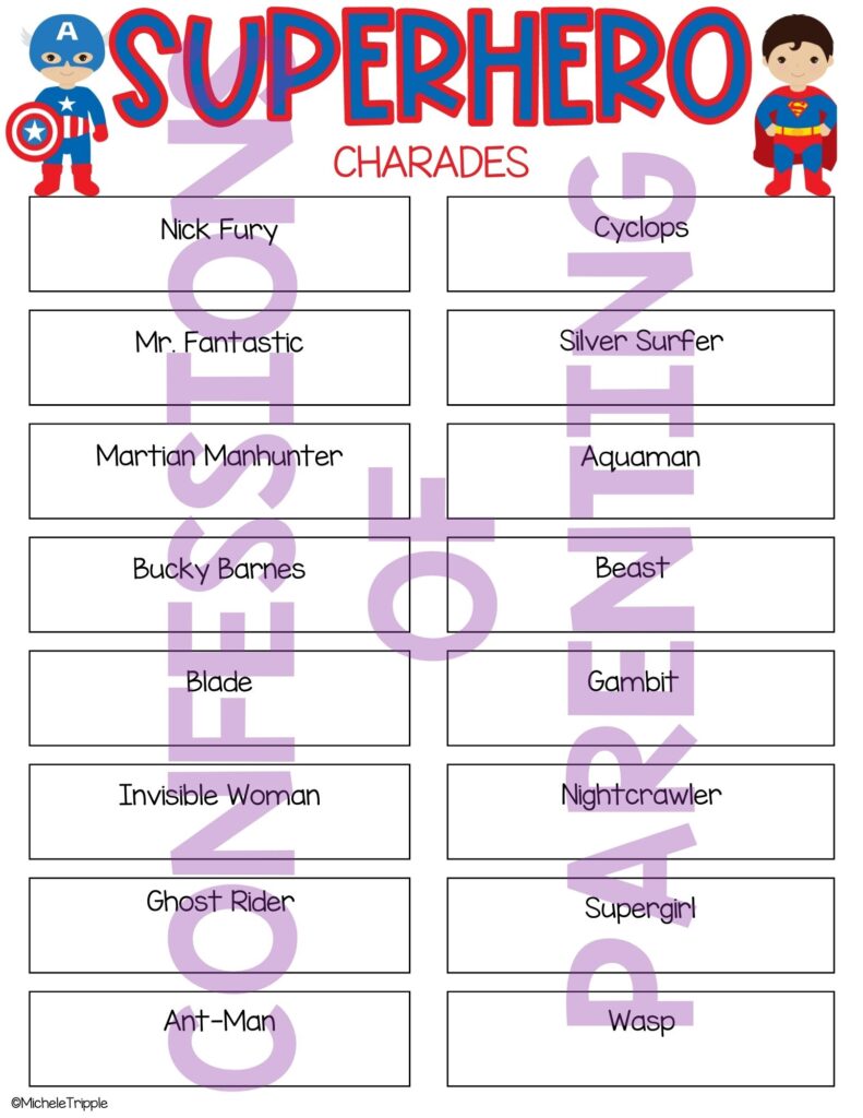 Sample superhero charades printable