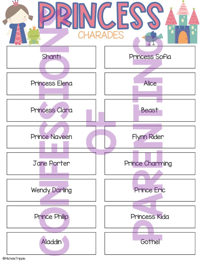 Princess charades printables example