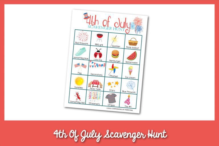 feature image: 4th of july scavenger hunt card printable with red border