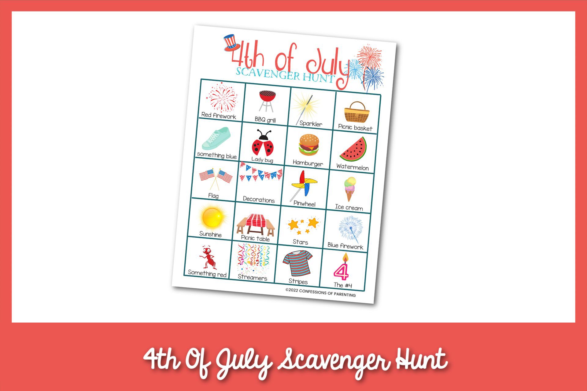 feature image: 4th of july scavenger hunt card printable with red border