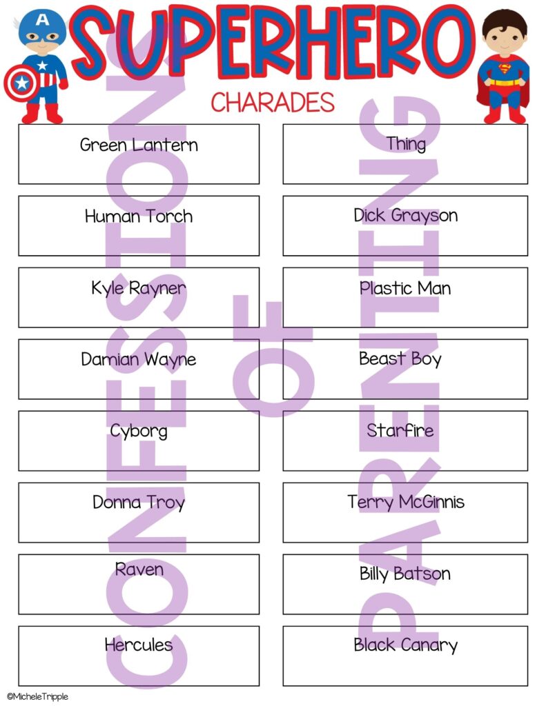 Sample superhero charades printable