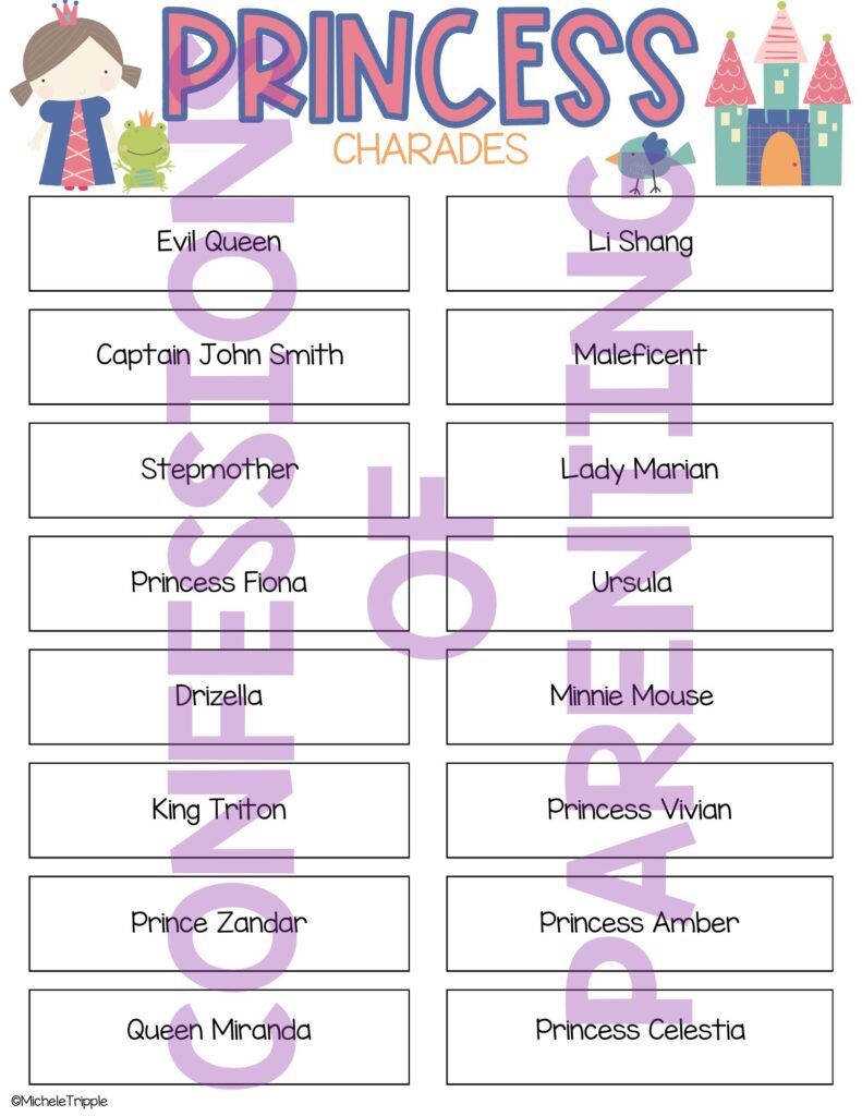 Princess charades printables example