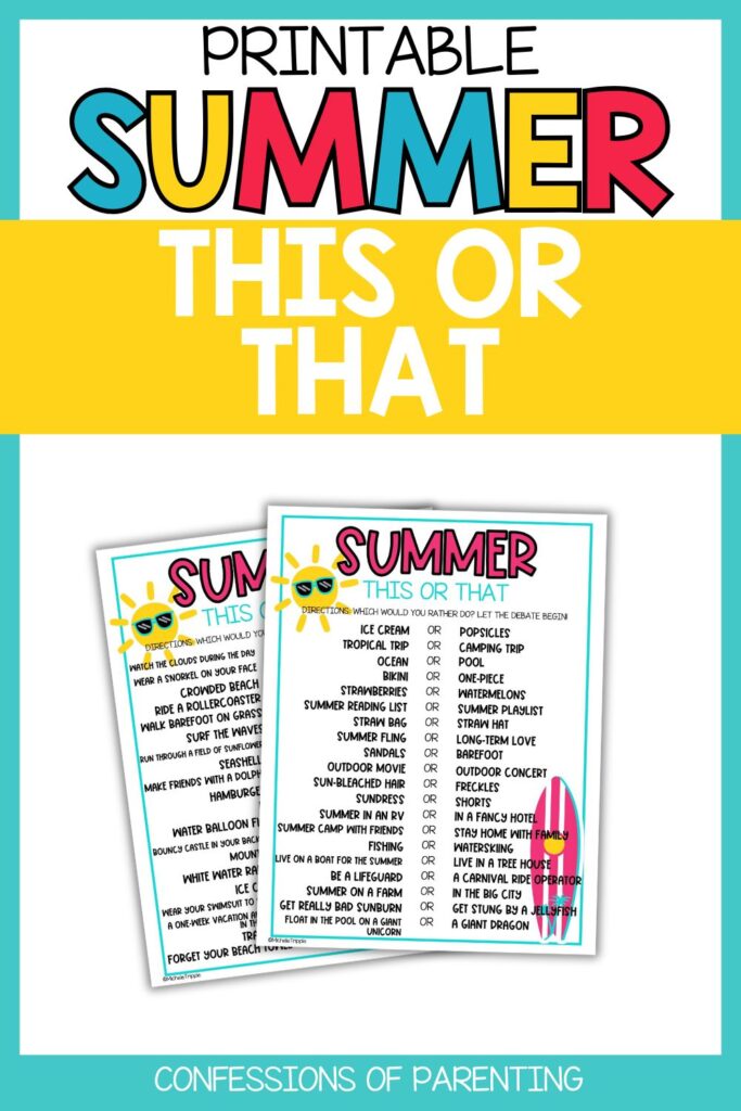 Pinterest Pin: teal border with Summer This or That Questions PDF mockup with Summer This or That Questions printable
