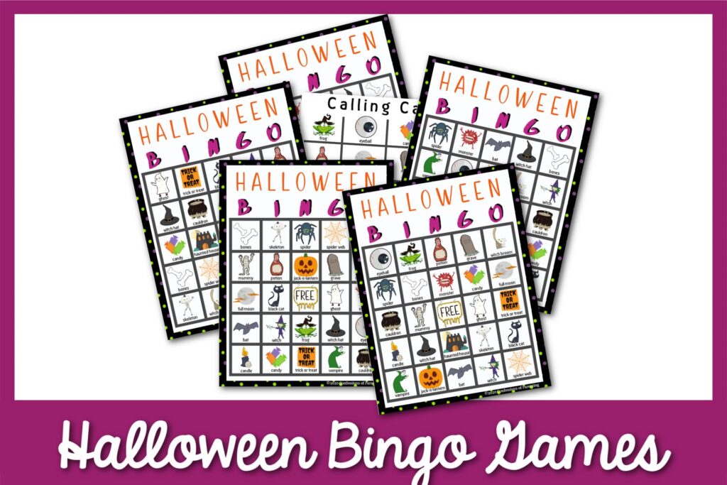 6 Halloween Bingo Printable cards with a purple border