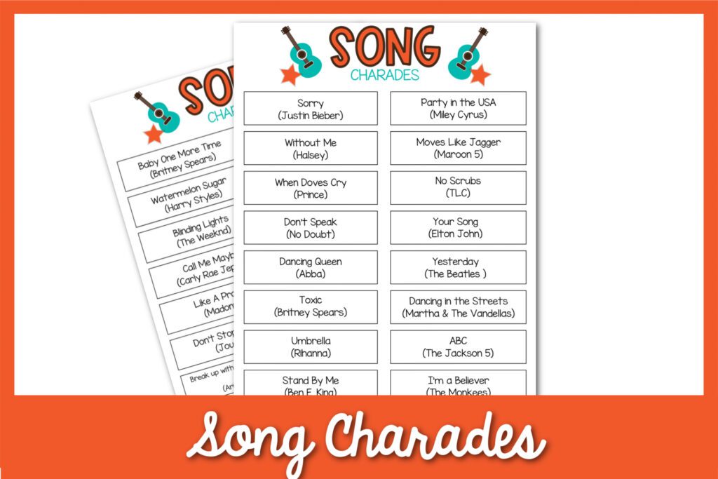 song charades ideas list printable with orange background 