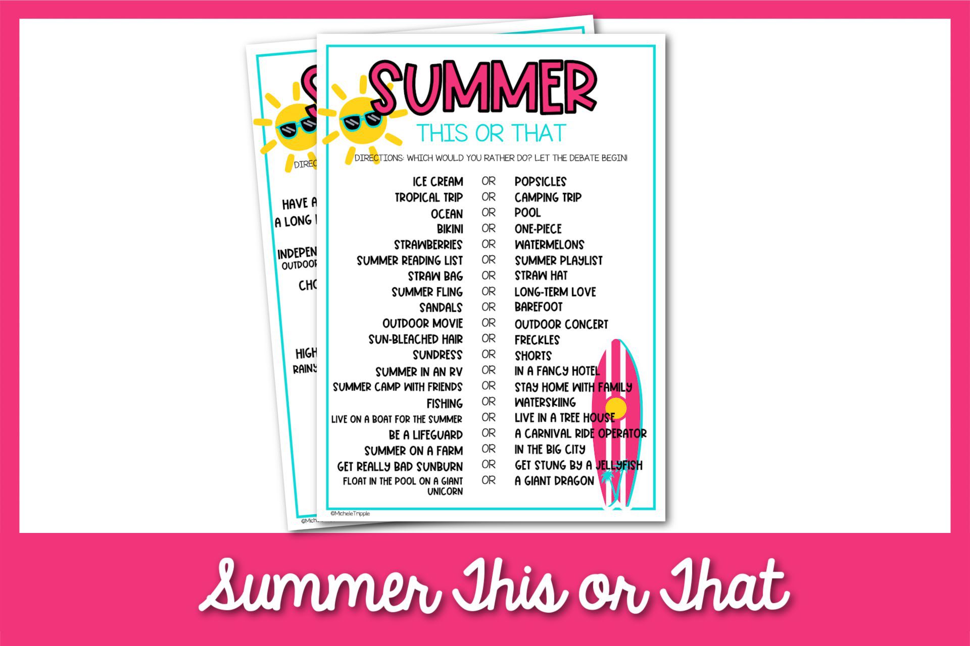 summer this or that printable with pink border