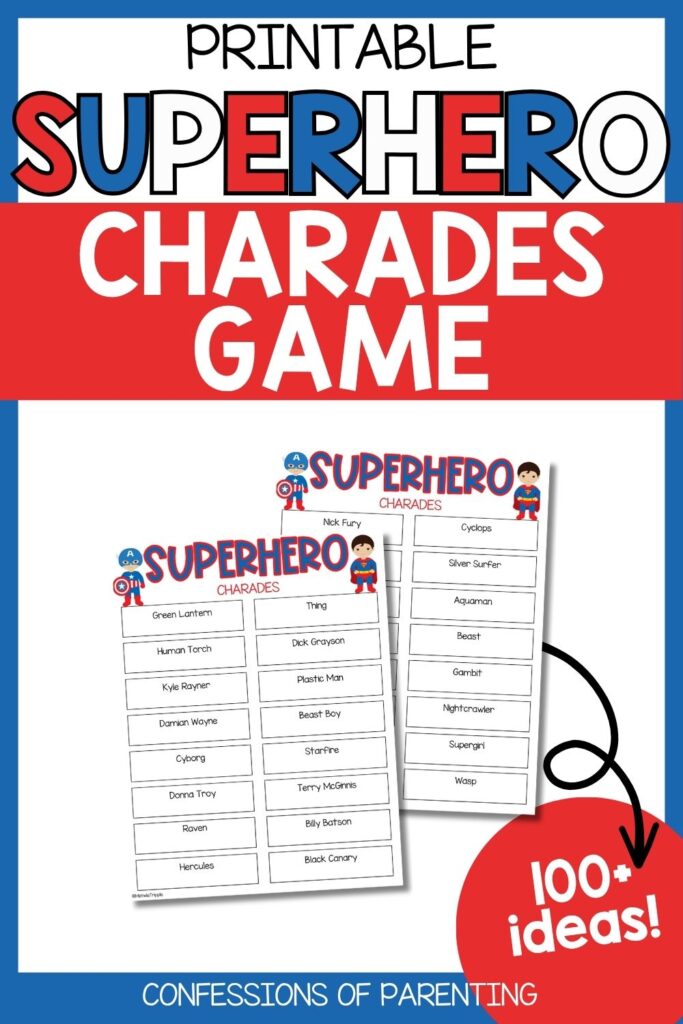 Printable superhero charades game with 100+ character prompts, featuring sample sheets and red, white, and blue comic-style design.