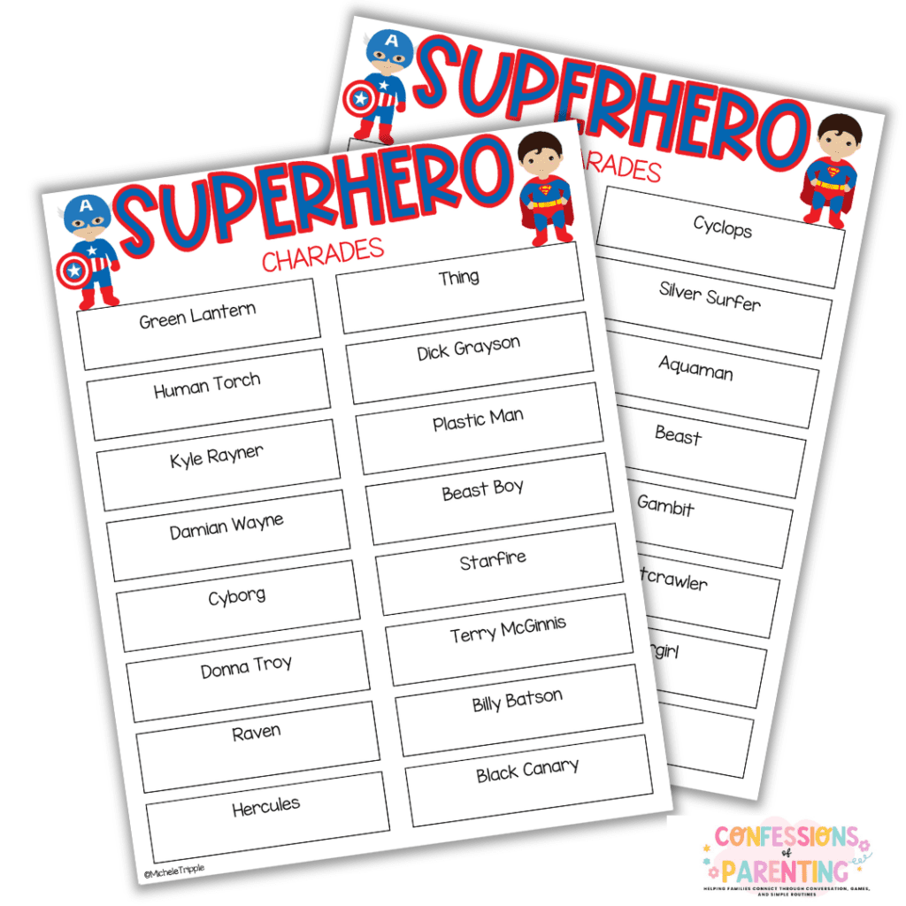 Close-up of printable superhero charades sheets with character names and cartoon superheroes, designed for family party games.