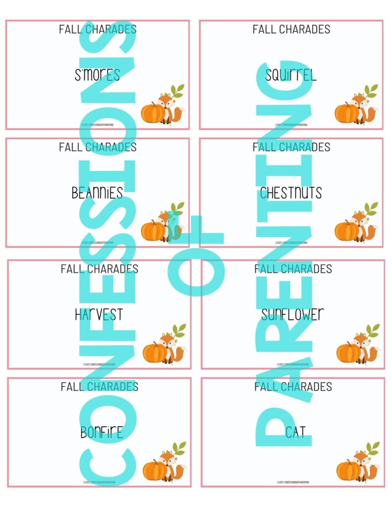 example of fall charades printable 