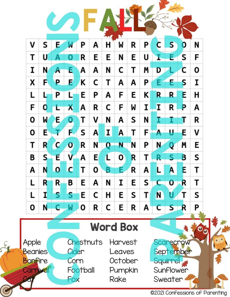 Fall word search with Confessions of Parenting typed over it.