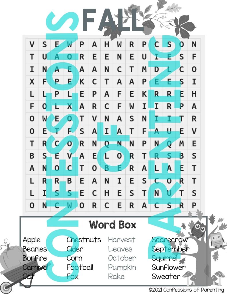 Black and white Fall word search with Confessions of Parenting typed over it.