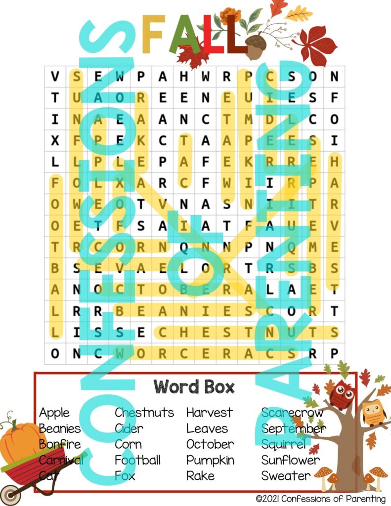 Fall word search worksheet with Confessions of Parenting typed on it.