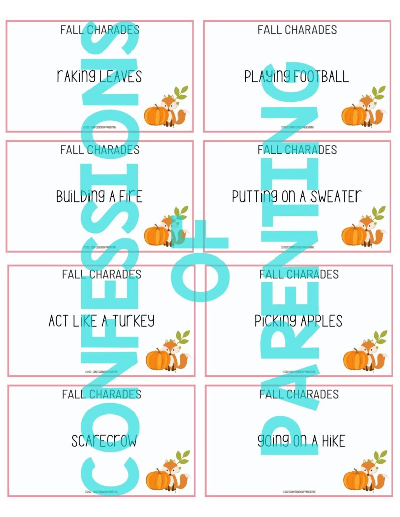 example of fall charades printable 