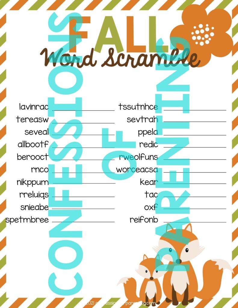 Sample of a fall word scramble worksheet in color